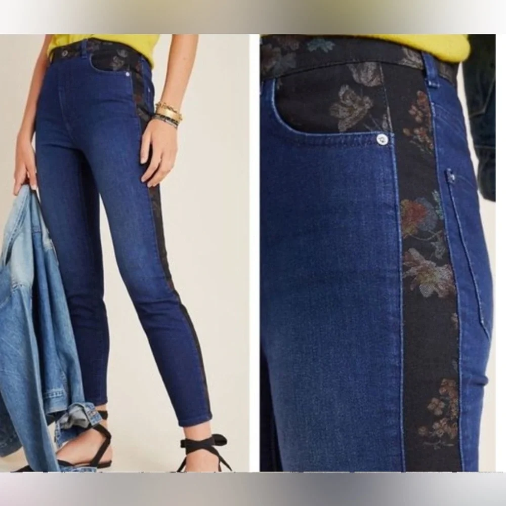 Pilcro Anthro High Rise Skinny Jeans Floral Contrast Sz 29 *Raw hem